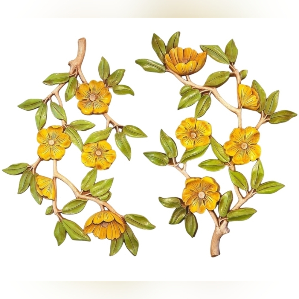 2 Large Vintage dart Syroco yellow and green cherry blossom wall décor